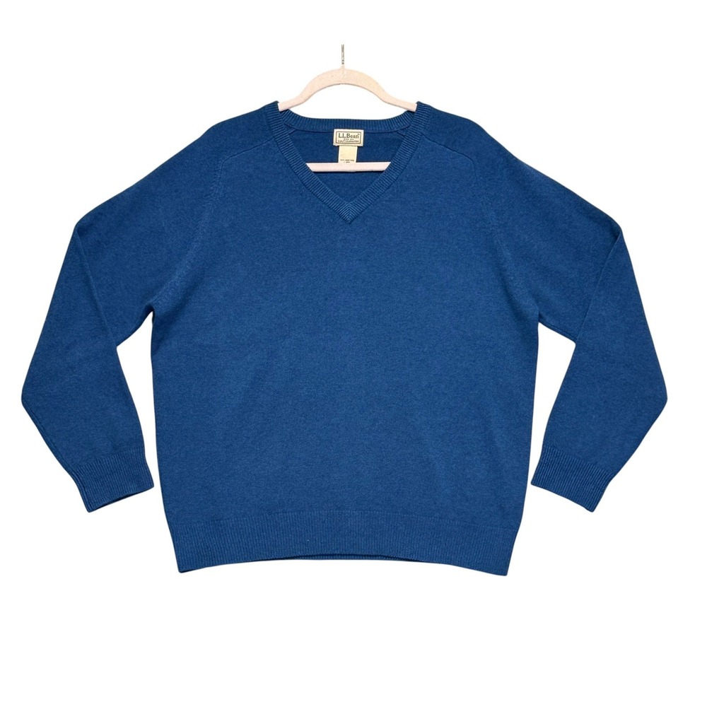 LL Bean V-Neck Pullover Sweater Mens Large Blue 100% Lambswool Classic Vintage